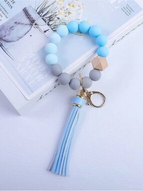 Blue & Gray Beaded Tassel Keychain Bracelet